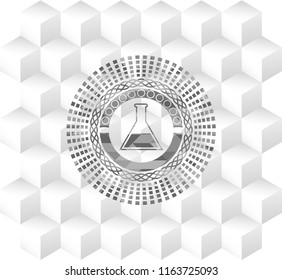 test tube icon inside grey emblem. Retro with geometric cube white background