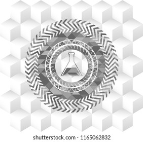 test tube icon inside grey icon or emblem with geometric cube white background