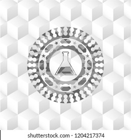 test tube icon inside grey badge with geometric cube white background