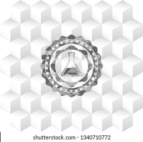 test tube icon inside grey emblem. Vintage with geometric cube white background