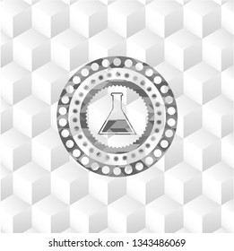 test tube icon inside grey badge with geometric cube white background