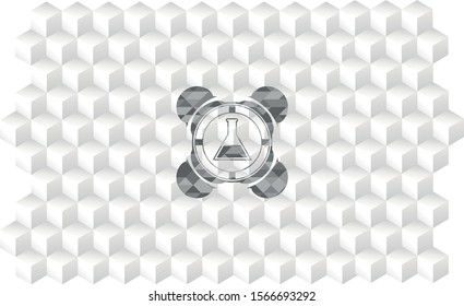 test tube icon inside grey badge with geometric cube white background