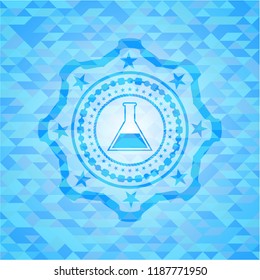test tube icon inside light blue emblem with triangle mosaic background