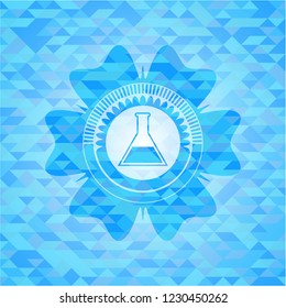 test tube icon inside light blue emblem. Mosaic background