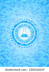 test tube icon inside light blue emblem with mosaic ecological style background