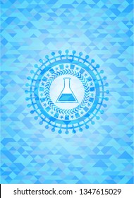 test tube icon inside light blue emblem with mosaic ecological style background