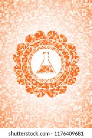 test tube icon inside orange tile background illustration. Square geometric mosaic seamless pattern with emblem inside.