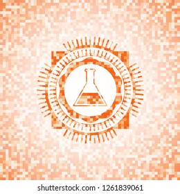 test tube icon inside orange tile background illustration. Square geometric mosaic seamless pattern with emblem inside.