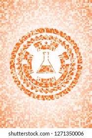 test tube icon inside orange mosaic emblem with background