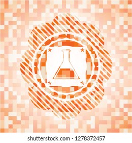 test tube icon inside orange tile background illustration. Square geometric mosaic seamless pattern with emblem inside.