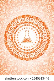 test tube icon inside orange tile background illustration. Square geometric mosaic seamless pattern with emblem inside.