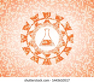 test tube icon inside orange tile background illustration. Square geometric mosaic seamless pattern with emblem inside.