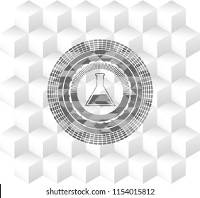 test tube icon inside realistic grey emblem with geometric cube white background