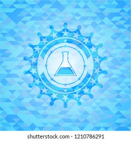 test tube icon inside realistic sky blue emblem. Mosaic background