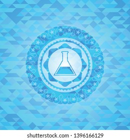 test tube icon inside realistic sky blue mosaic emblem