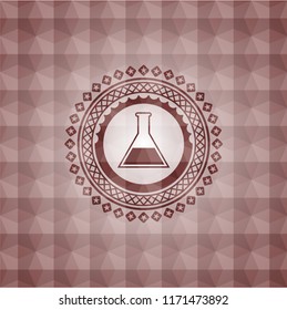 test tube icon inside red seamless polygonal badge.