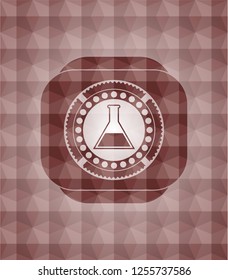 test tube icon inside red seamless emblem with geometric pattern.