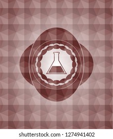 test tube icon inside red seamless badge with geometric pattern background.