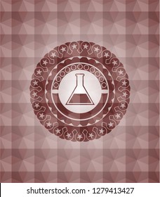 test tube icon inside red seamless emblem with geometric pattern.
