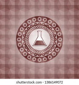 test tube icon inside red seamless badge with geometric background.