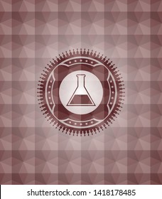 test tube icon inside red emblem or badge with geometric pattern background. Seamless.