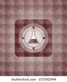 test tube icon inside red emblem or badge with geometric pattern background. Seamless.