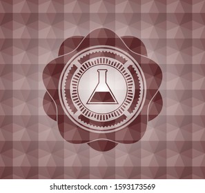 test tube icon inside red seamless geometric pattern emblem. Seamless.