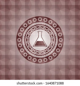 test tube icon inside red seamless emblem or badge with abstract geometric pattern background.