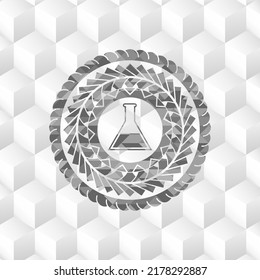 test tube icon inside retro style grey emblem with geometric cube white background. 