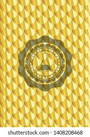 test tube icon inside shiny golden badge. Scales pattern. Vector Illustration. Detailed.