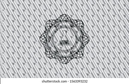 test tube icon inside silver shiny emblem. Scales pattern. Vector Illustration. Detailed.