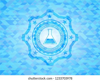 test tube icon inside sky blue emblem. Mosaic background