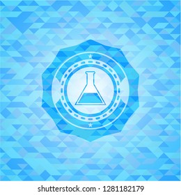 test tube icon inside sky blue emblem with mosaic background