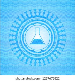 test tube icon inside sky blue water wave emblem background.