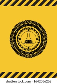 test tube icon inside warning sign, black grunge emblem. Vector Illustration. Detailed.
