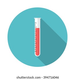 Test tube icon with long shadow. Flat design style. Round icon. Blood test tube silhouette. Simple circle icon. Modern flat icon in stylish colors. Web site page and mobile app design element.