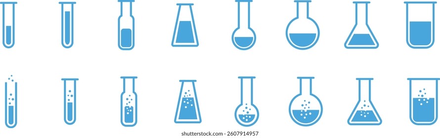 Test tube icon set. chemistry, laboratory and medical design element vector collection isolated on transparent background. Concept science, pharmacy, beaker, medical glass, vial for app and website.