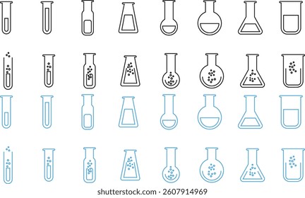 Test tube icon set. chemistry, laboratory and medical design element vector collection isolated on transparent background. Concept science, pharmacy, beaker, medical glass, vial for app and website.