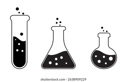 Test tube icon set design. Vector illustration of test tubes, laboratory glassware beaker and graduated cylinder icon with chemical. Vector illustration.