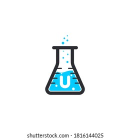 Test tube icon u letter logo With gray and sky color.