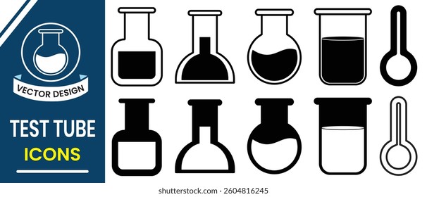 Test tube icon, vector design. Laboratory equipment, Chemical test tube icon vector illustration. Set of alcohol bottles. Vector illustration.