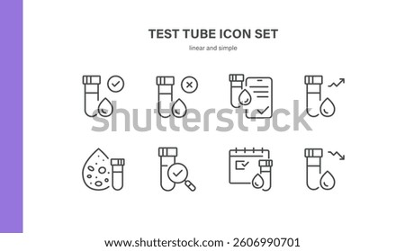 Test Tube Icons Set. Thin Linear Vector Illustrations of Blood Vials, Positive and Negative Results, Reports, Growth Chart, Calendar, Microscope and Drop Analysis