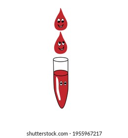 A test tube for laboratory tests and a drop of blood above it. The concept of a medical test, science, antibody analysis. Stylized vector illustration.