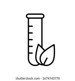 Reagiert mit Blättern im Vordergrund. Lineares Logo des Öko-Labors. Schwarze, einfache Illustration medizinischer Analyse für vegan, Biotechnologie. Contour einzelne Vektorillustration Symbol auf weißem Hintergrund