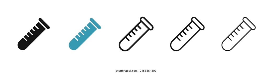 Conjunto de iconos de la línea del tubo de ensayo. Icono de tubo de prueba de vidrio de investigación química de laboratorio. Signo de tubo de muestra de sangre médica para diseños de UI.