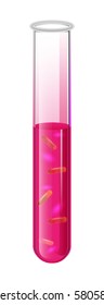 Test tube with liquid and pink bacteria cell in the laboratory for tests and experiments in science and education. White background. Vector.