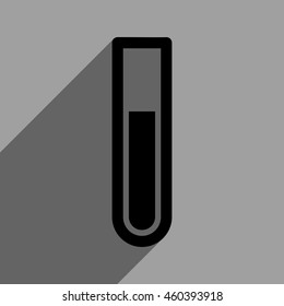 Test Tube long shadow vector icon. Style is a flat test tube black iconic symbol on a gray square background with longshadow.