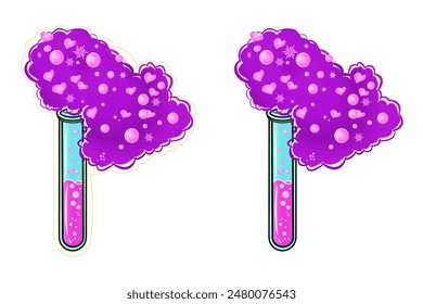 A test tube with a love potion, the potion is poured out of a test tube with hearts and bubbles. Valentine's Day concert, design of postcards, valentines. Chemistry of love. potion bottles