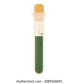 Test tube with magic green liquid. Bottle with poison, potion or elixir. Witchcraft or laboratory attribute concept. Vector illustration in cartoon style. Isolated on yellow background. 