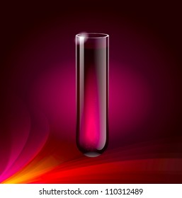 A test tube and magical colorful sparkling   bubbling liquid red background
